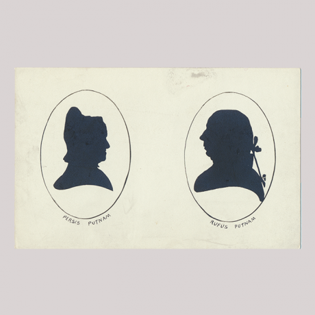 
        Front of silhouette, on the left, woman looking right, wearing a bonnet; on the right, man looking left. Both in simple painted rounded frame.